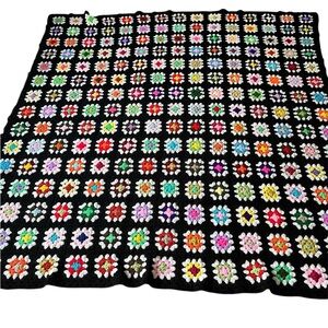 Vintage Granny Square Crochet Blanket Afghan Bedspread. 68 x 74”.